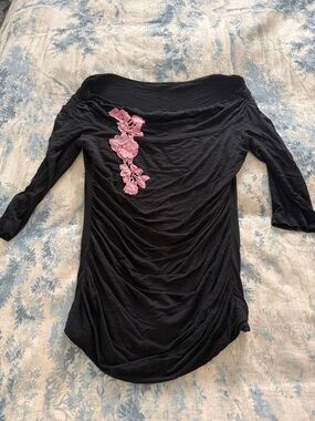 Arden B Black Off‑Shoulder Top with Pink Floral Applique
